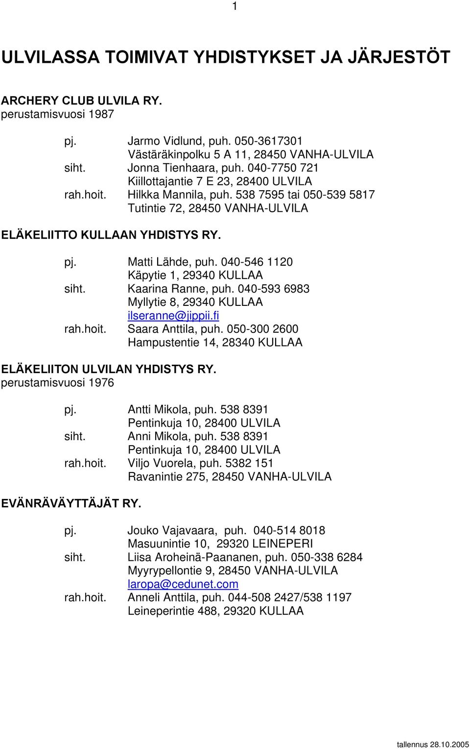 040-546 1120 Käpytie 1, 29340 KULLAA siht. Kaarina Ranne, puh. 040-593 6983 Myllytie 8, 29340 KULLAA ilseranne@jippii.fi rah.hoit. Saara Anttila, puh.