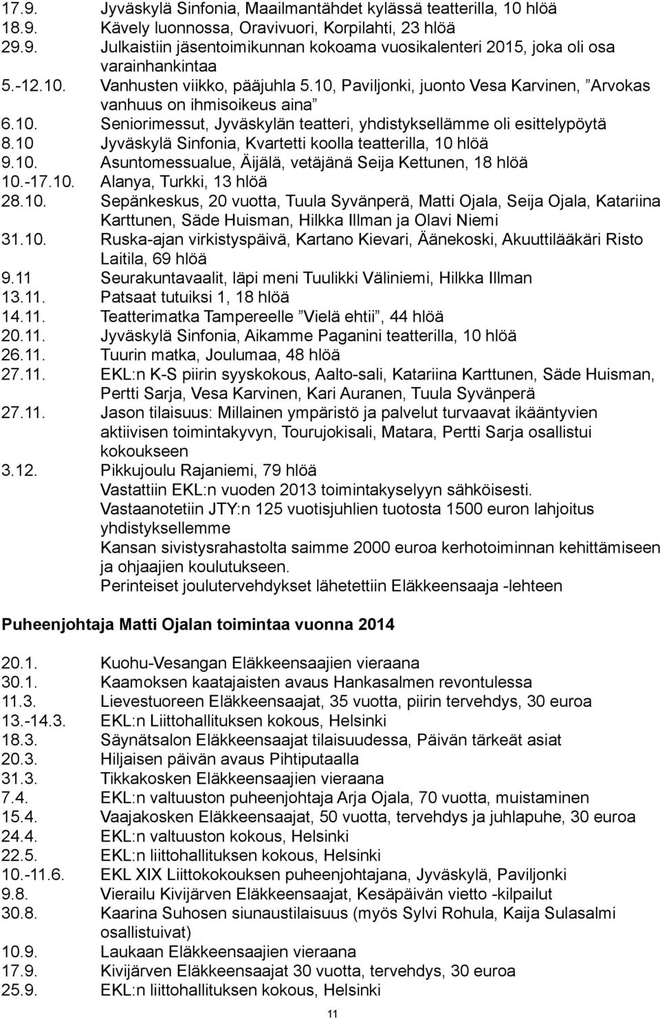 10 Jyväskylä Sinfonia, Kvartetti koolla teatterilla, 10 hlöä 9.10. Asuntomessualue, Äijälä, vetäjänä Seija Kettunen, 18 hlöä 10.-17.10. Alanya, Turkki, 13 hlöä 28.10. Sepänkeskus, 20 vuotta, Tuula Syvänperä, Matti Ojala, Seija Ojala, Katariina Karttunen, Säde Huisman, Hilkka Illman ja Olavi Niemi 31.