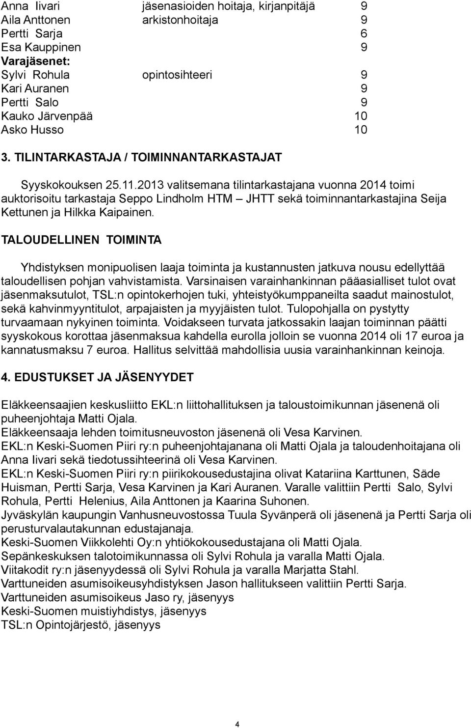 2013 valitsemana tilintarkastajana vuonna 2014 toimi auktorisoitu tarkastaja Seppo Lindholm HTM JHTT sekä toiminnantarkastajina Seija Kettunen ja Hilkka Kaipainen.