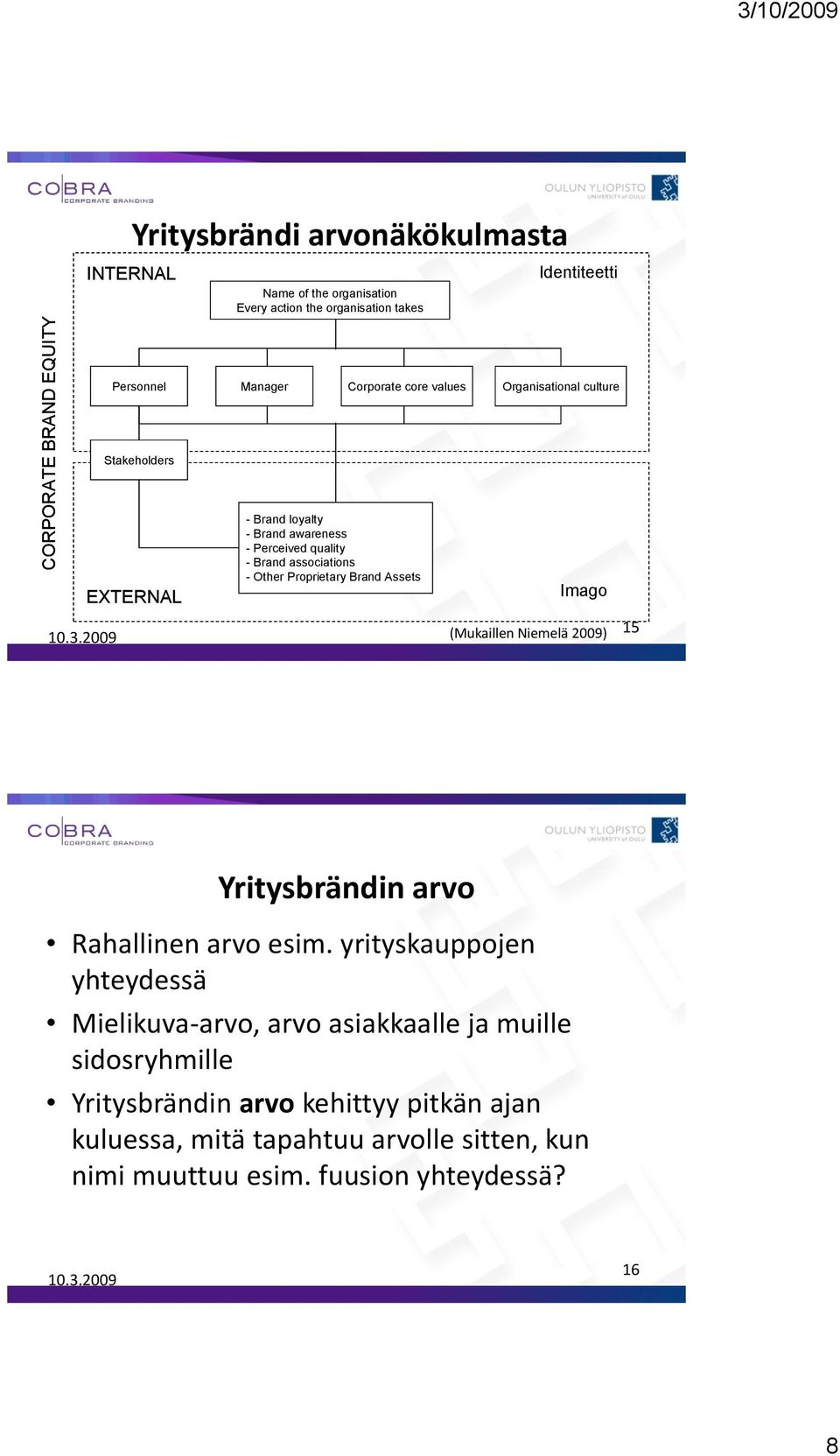 Other Proprietary Brand Assets Imago (Mukaillen Niemelä 2009) 15 Yritysbrändin arvo Rahallinen arvo esim.