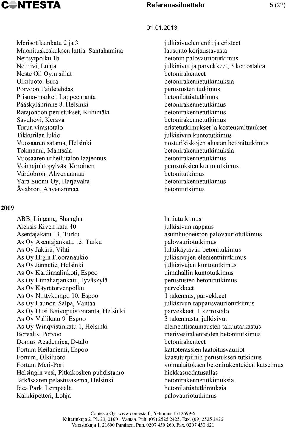 laajennus Voimajohtopylväs, Koroinen Vårdöbron, Ahvenanmaa Yara Suomi Oy, Harjavalta Åvabron, Ahvenanmaa julkisivuelementit ja eristeet lausunto korjaustavasta betonin palovauriotutkimus ja, 3