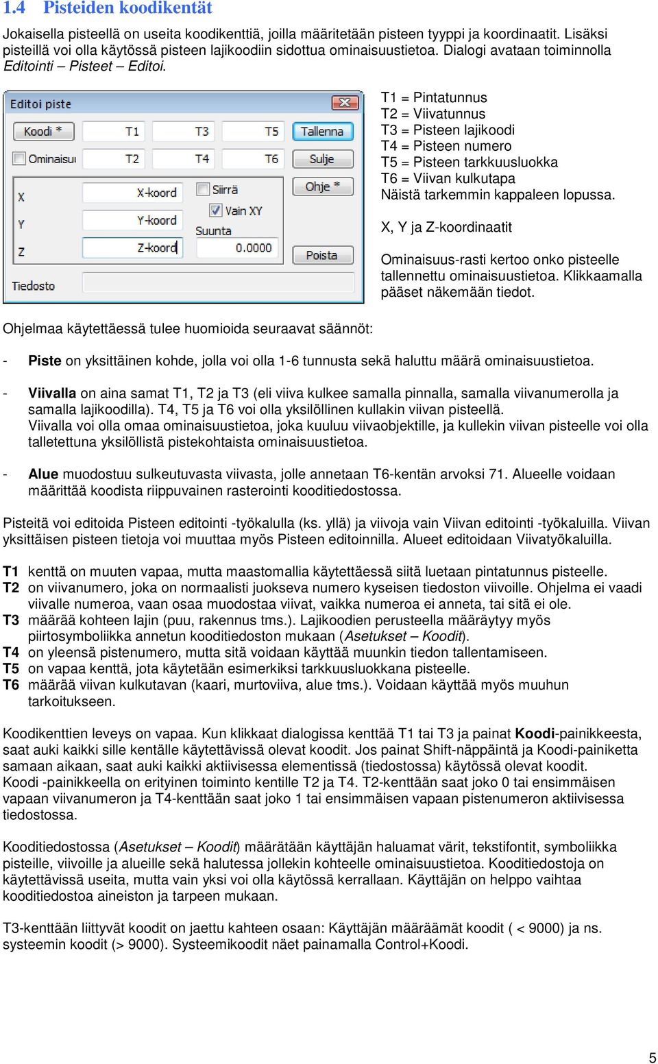 Ohjelmaa käytettäessä tulee huomioida seuraavat säännöt: T1 = Pintatunnus T2 = Viivatunnus T3 = Pisteen lajikoodi T4 = Pisteen numero T5 = Pisteen tarkkuusluokka T6 = Viivan kulkutapa Näistä