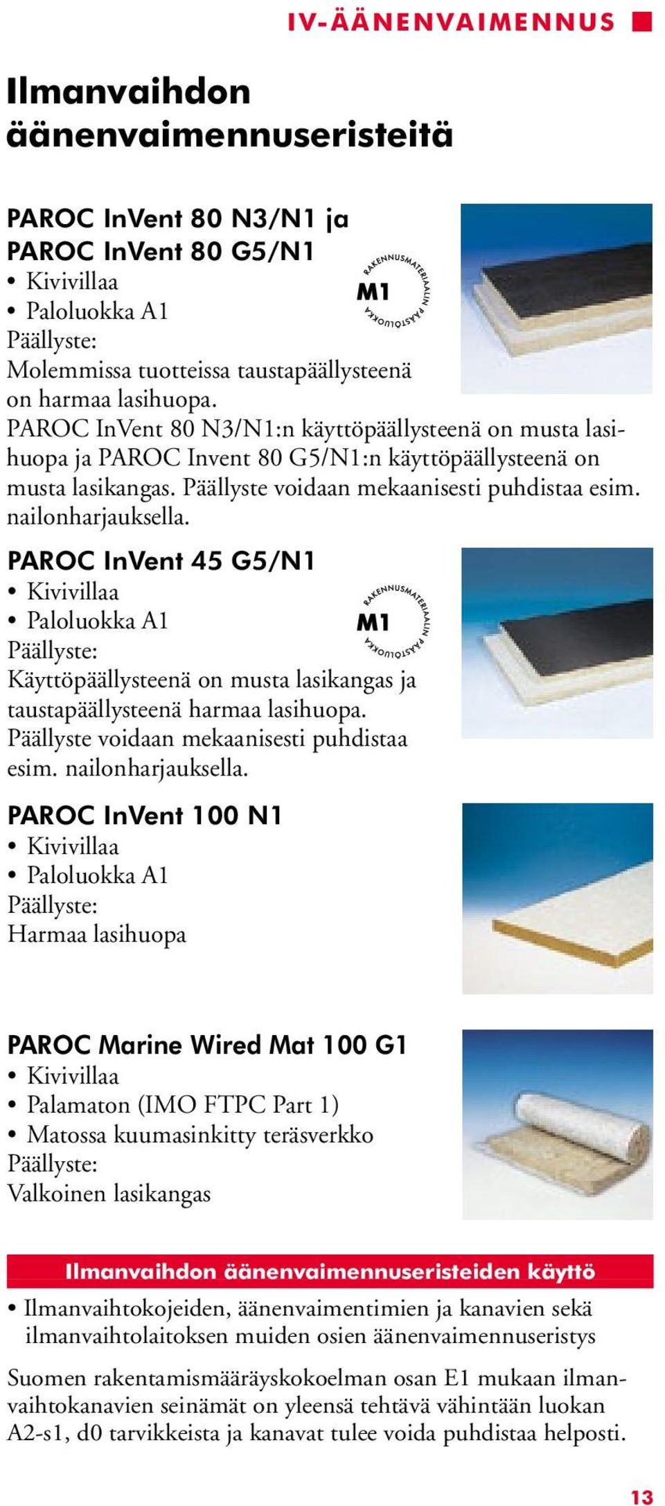 nailonharjauksella. PAROC InVent 45 G5/N1 Paloluokka A1 Päällyste: Käyttöpäällysteenä on musta lasikangas ja taustapäällysteenä harmaa lasihuopa. Päällyste voidaan mekaanisesti puhdistaa esim.