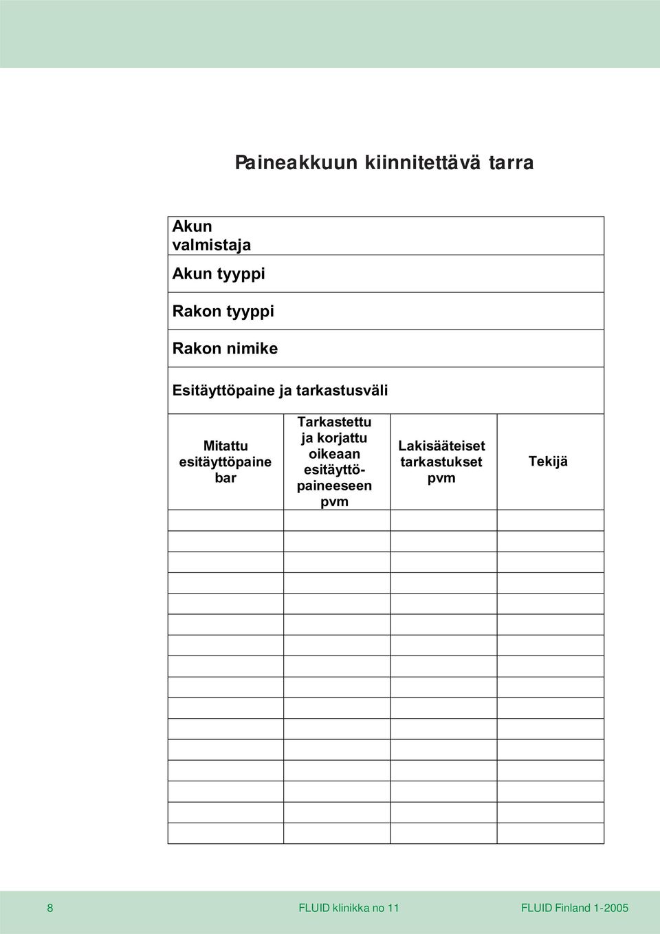 esitäyttöpaine bar Tarkastettu ja korjattu oikeaan esitäyttöpaineeseen