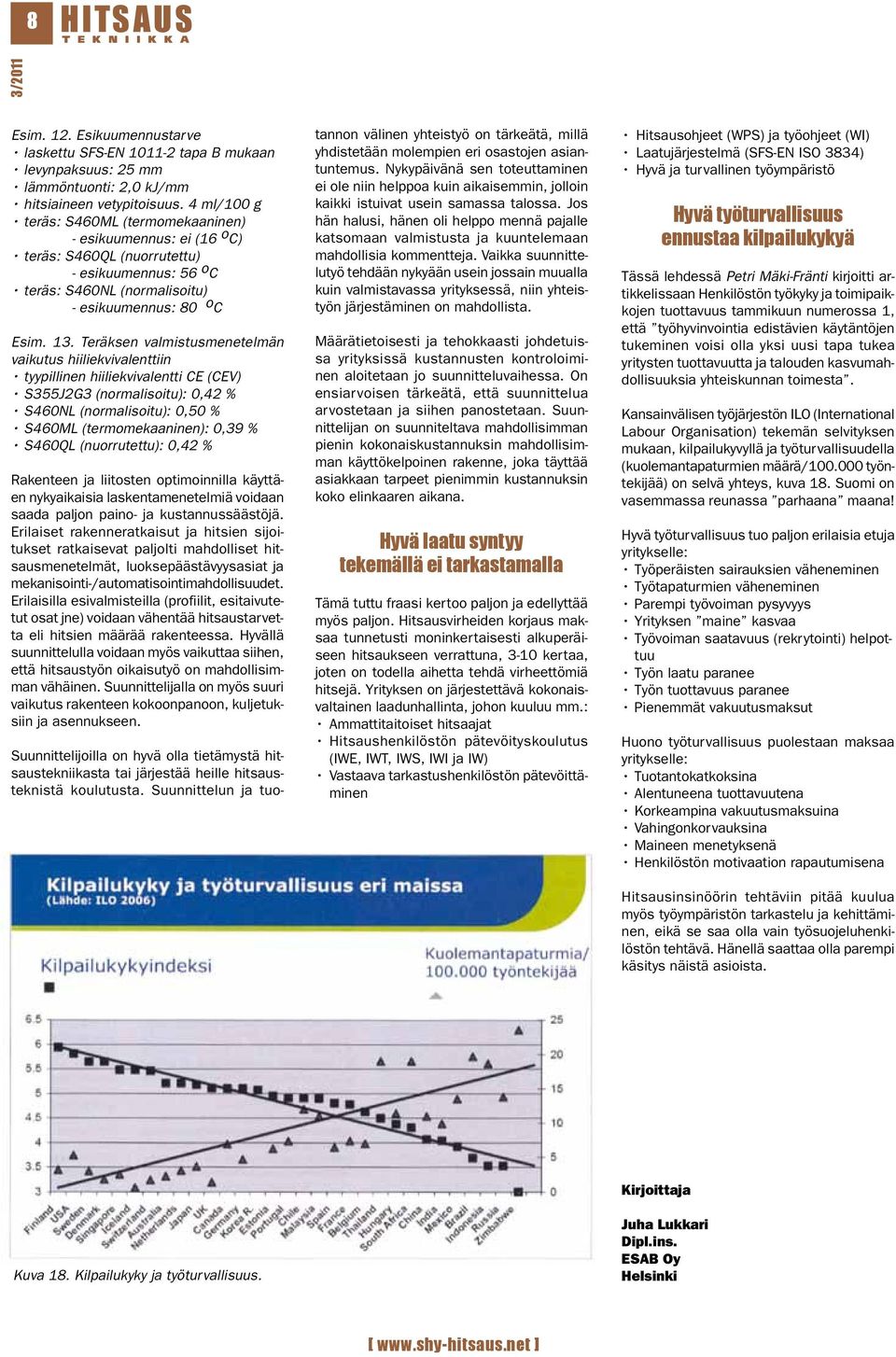 Teräksen valmistusmenetelmän vaikutus hiiliekvivalenttiin tyypillinen hiiliekvivalentti CE (CEV) S355J2G3 (normalisoitu): 0,42 % S460NL (normalisoitu): 0,50 % S460ML (termomekaaninen): 0,39 % S460QL