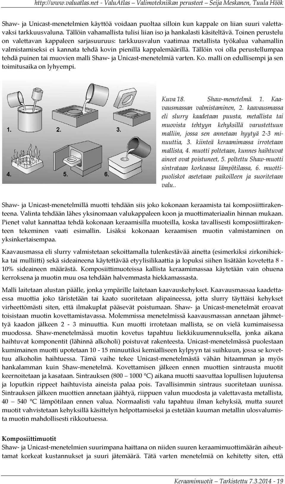 Tällöin voi olla perustellumpaa tehdä puinen tai muovien malli Shaw- ja Unicast-menetelmiä varten. Ko. malli on edullisempi ja sen toimitusaika on lyhyempi. Kuva 18. Shaw-menetelmä. 1. Kaavausmassan valmistaminen, 2.