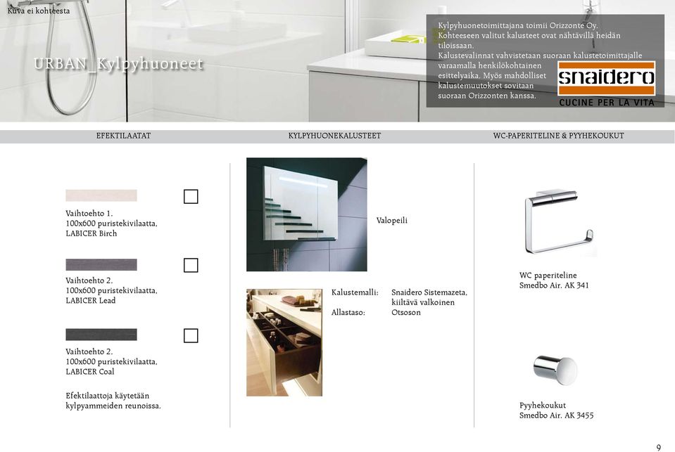 V efektilaatat kylpyhuonekalusteet wc-paperiteline & pyyhekoukut Vaihtoehto 1. 100x600 puristekivilaatta, LABICER Birch Valopeili Vaihtoehto 2.