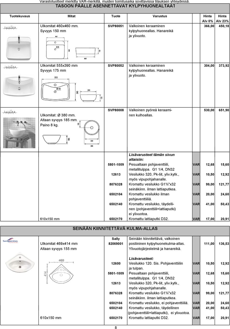 Hanareikä ja ylivuoto. SVP80008 Valkoinen pyöreä keraami- 530,00 651,90 Ulkomitat: Ø 380 mm. nen kulhoallas. Altaan syvyys 185 mm. Paino 8 kg.