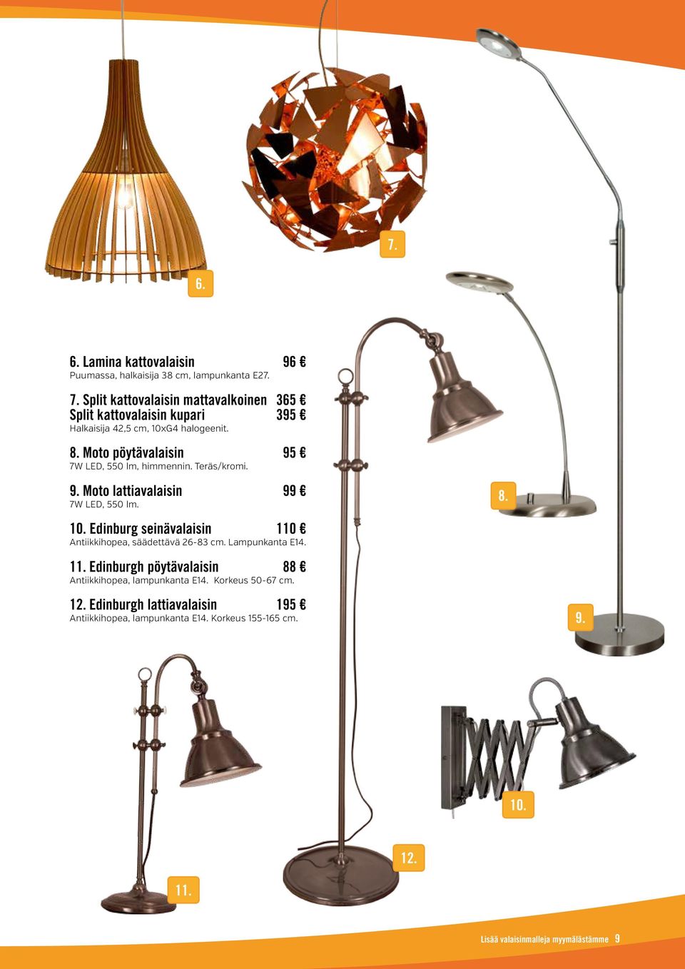 Moto pöytävalaisin 95 7W LED, 550 lm, himmennin. Teräs/kromi. 9. Moto lattiavalaisin 99 7W LED, 550 lm. 8. 10.