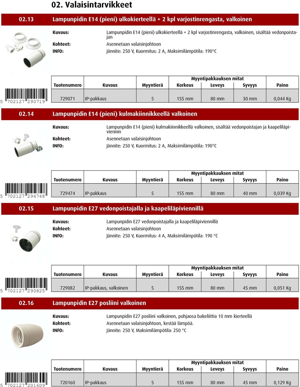 valaisinjohtoon Jännite: 250 V, Kuormitus: 2 A, Maksimilämpötila: 190 C 5 702127 290719 729071 IP-pakkaus 5 155 mm 80 mm 30 mm 0,044 Kg 02.