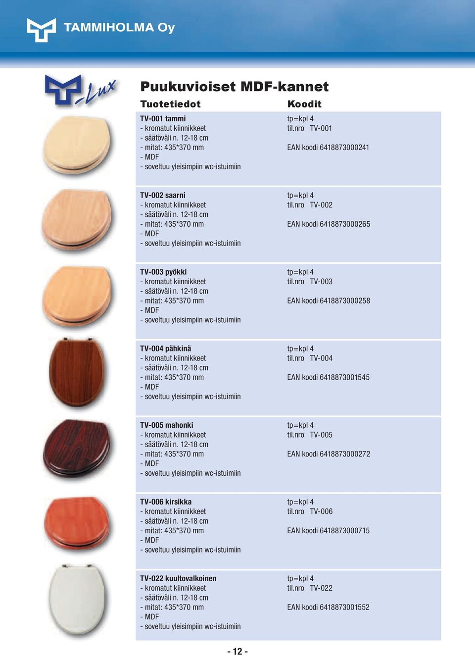12-18 cm - mitat: 435*370 mm EAN koodi 6418873000265 - MDF - soveltuu yleisimpiin wc-istuimiin TV-003 pyökki tp=kpl 4 - kromatut kiinnikkeet til.nro TV-003 - säätöväli n.