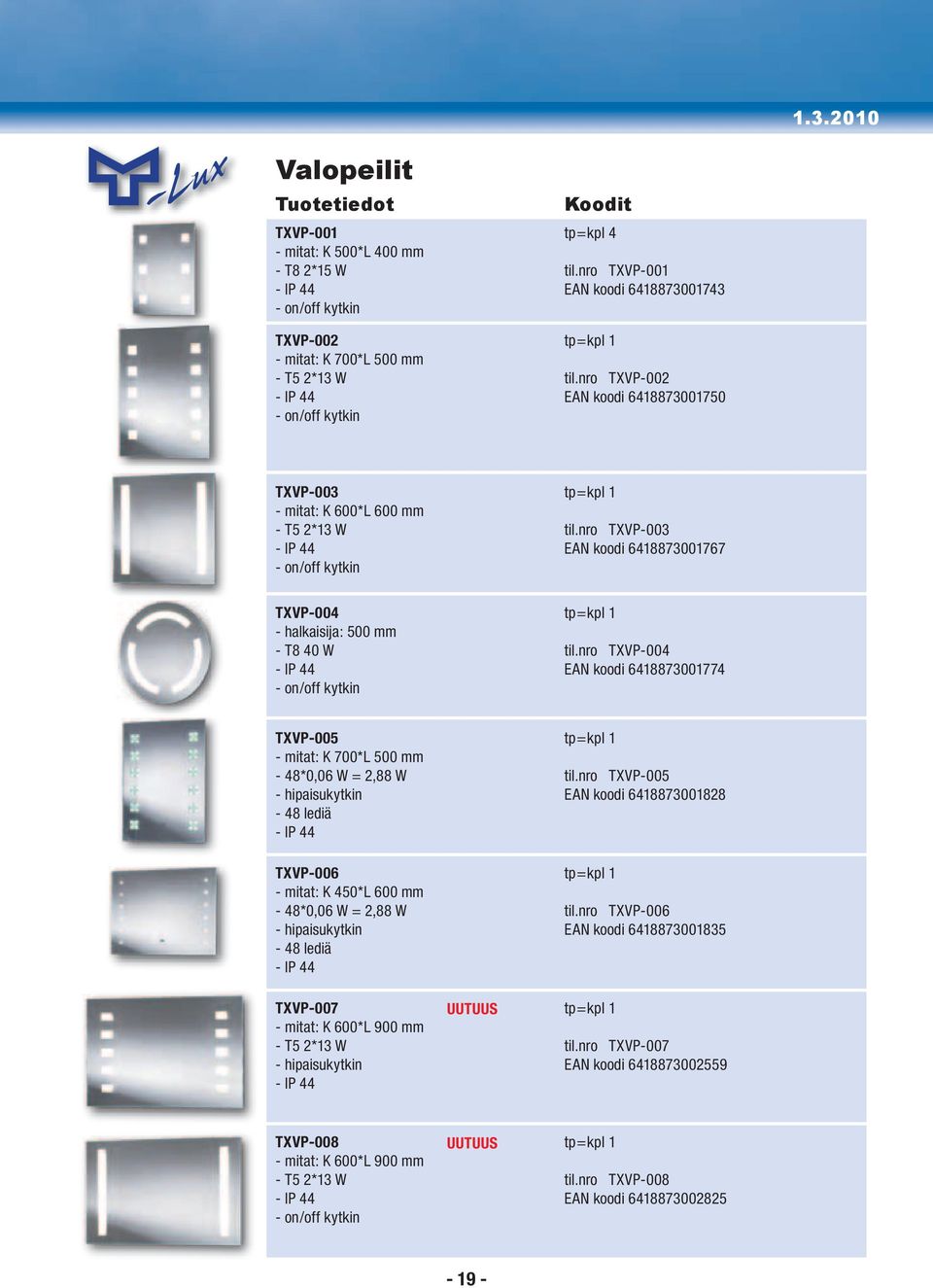 nro TXVP-003 - IP 44 EAN koodi 6418873001767 - on/off kytkin TXVP-004 tp=kpl 1 - halkaisija: 500 mm - T8 40 W til.