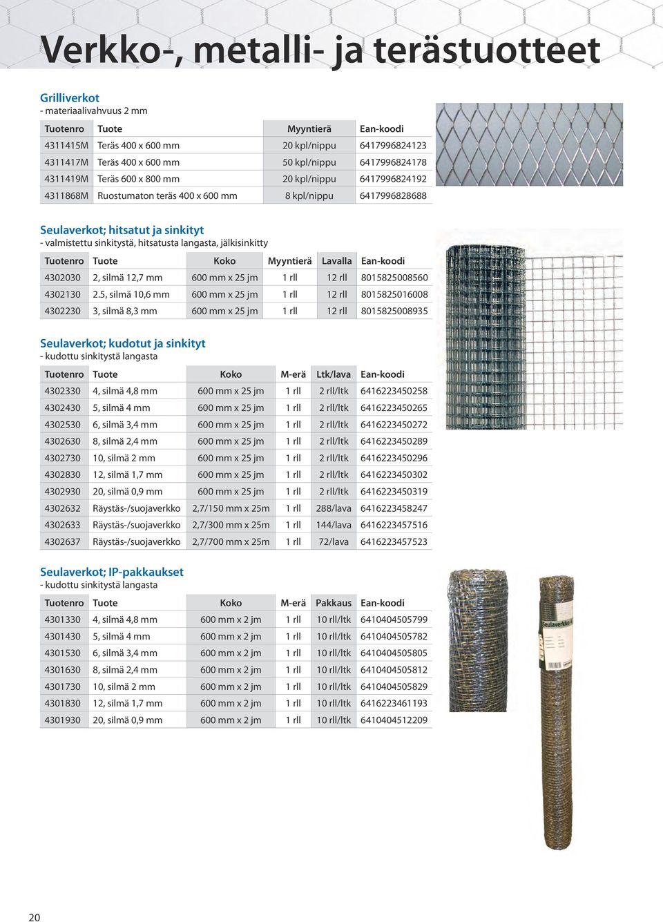 sinkitystä, hitsatusta langasta, jälkisinkitty Tuotenro Tuote Koko Myyntierä Lavalla Ean-koodi 4302030 2, silmä 12,7 mm 600 mm x 25 jm 1 rll 12 rll 8015825008560 4302130 2.