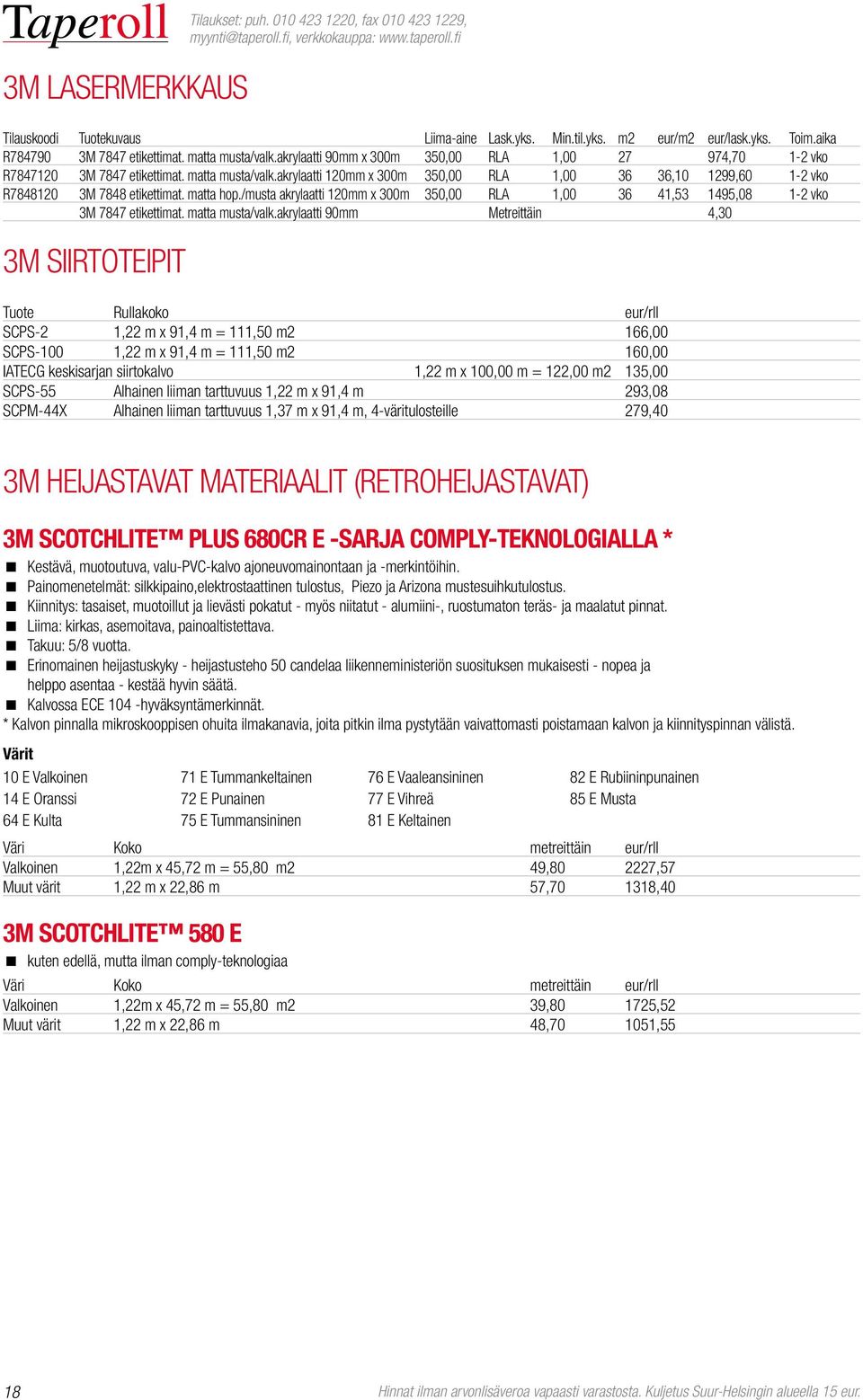 akrylaatti 120mm x 300m 350,00 RLA 1,00 36 36,10 1299,60 1-2 vko R7848120 3M 7848 etikettimat. matta hop./musta akrylaatti 120mm x 300m 350,00 RLA 1,00 36 41,53 1495,08 1-2 vko 3M 7847 etikettimat.