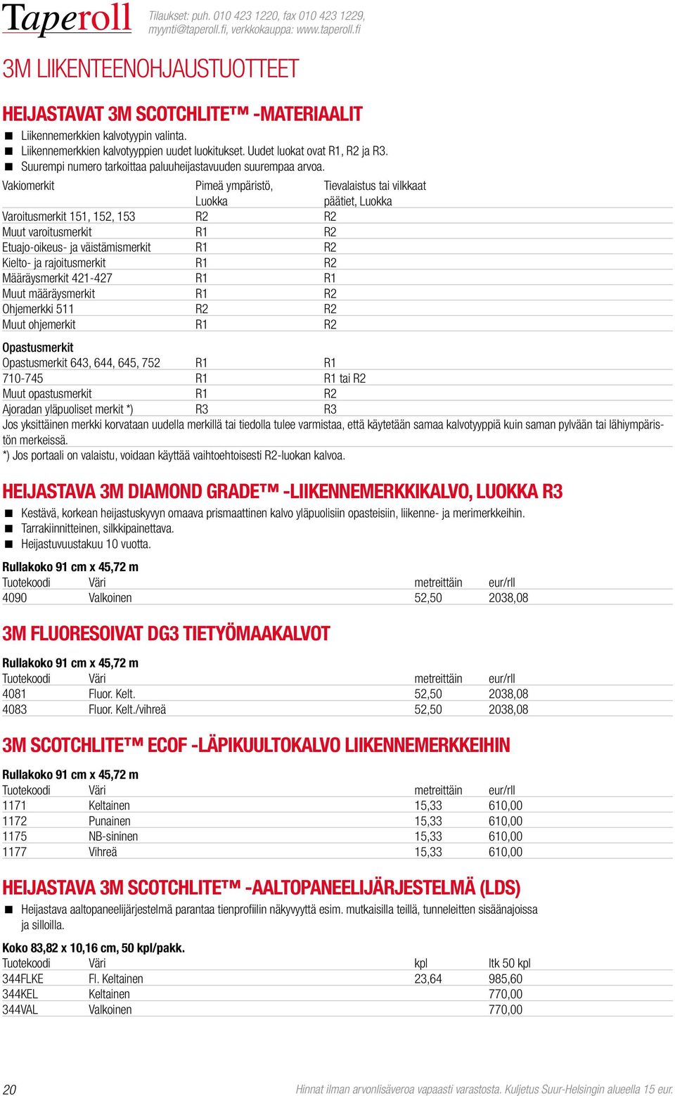 Vakiomerkit Pimeä ympäristö, Tievalaistus tai vilkkaat Luokka päätiet, Luokka Varoitusmerkit 151, 152, 153 R2 R2 Muut varoitusmerkit R1 R2 Etuajo-oikeus- ja väistämismerkit R1 R2 Kielto- ja