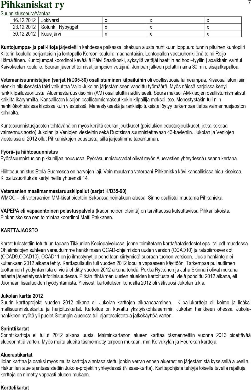 kuntopiiri Kilterin koululla perjantaisin ja lentopallo Korson koululla maanantaisin. Lentopallon vastuuhenkilönä toimi Reijo Hämäläinen.