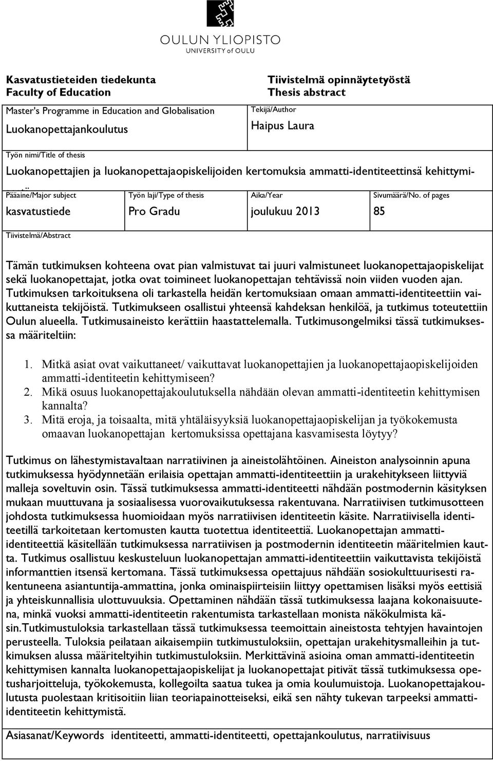 thesis Pro Gradu Aika/Year joulukuu 2013 Sivumäärä/No.