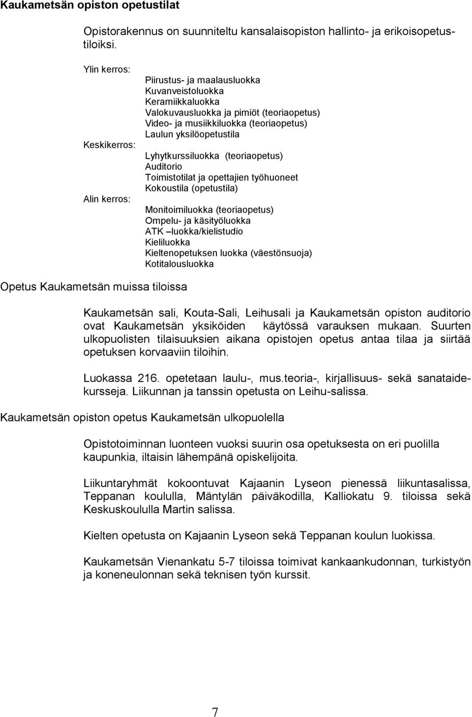 yksilöopetustila Lyhytkurssiluokka (teoriaopetus) Auditorio Toimistotilat ja opettajien työhuoneet Kokoustila (opetustila) Monitoimiluokka (teoriaopetus) Ompelu- ja käsityöluokka ATK