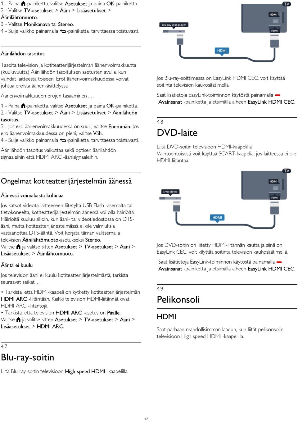 Erot äänenvoimakkuudessa voivat johtua eroista äänenkäsittelyssä. Jos Blu-ray-soittimessa on EasyLink HDMI CEC, voit käyttää soitinta television kaukosäätimellä.