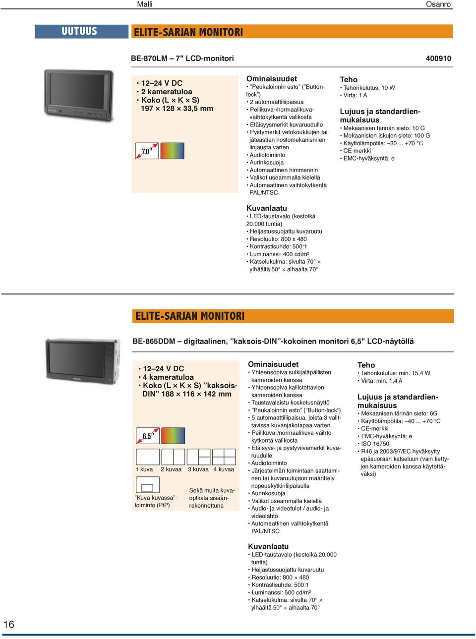 linjausta varten Audiotoiminto Aurinkosuoja Automaattinen himmennin Valikot useammalla kielellä Automaattinen vaihtokytkentä PAL/NTSC Kuvanlaatu LED-taustavalo (kestoikä 20.
