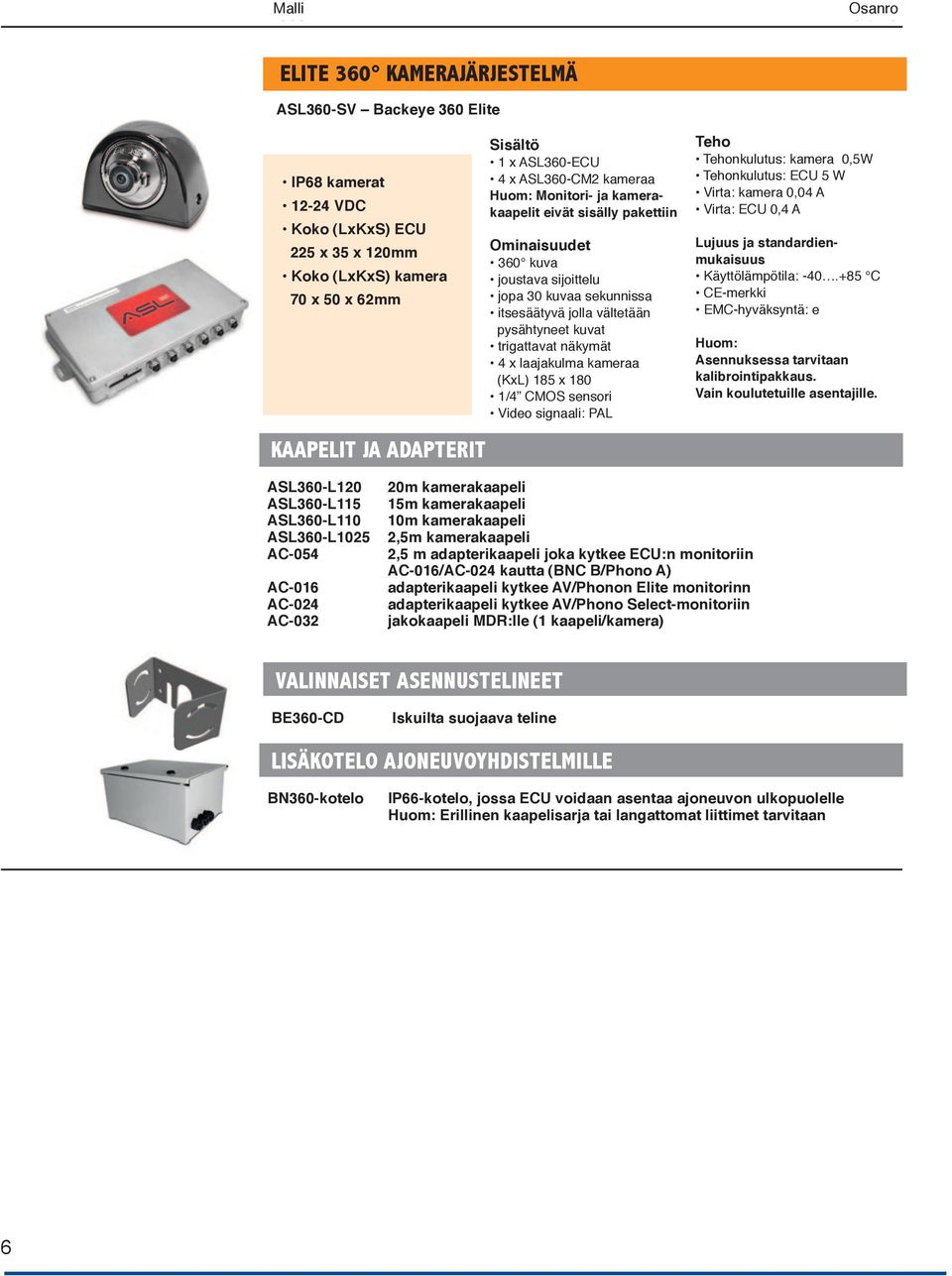 ECU 5.0 Watts 0,4 A Note: Monitor, camera cables Size (WxHxD) ECU Current: Virta: Camera: kamera 0.5 Watts 0,04 A VDC Koko (LxKxS) ECU and adapters NOT included Camera: 0.