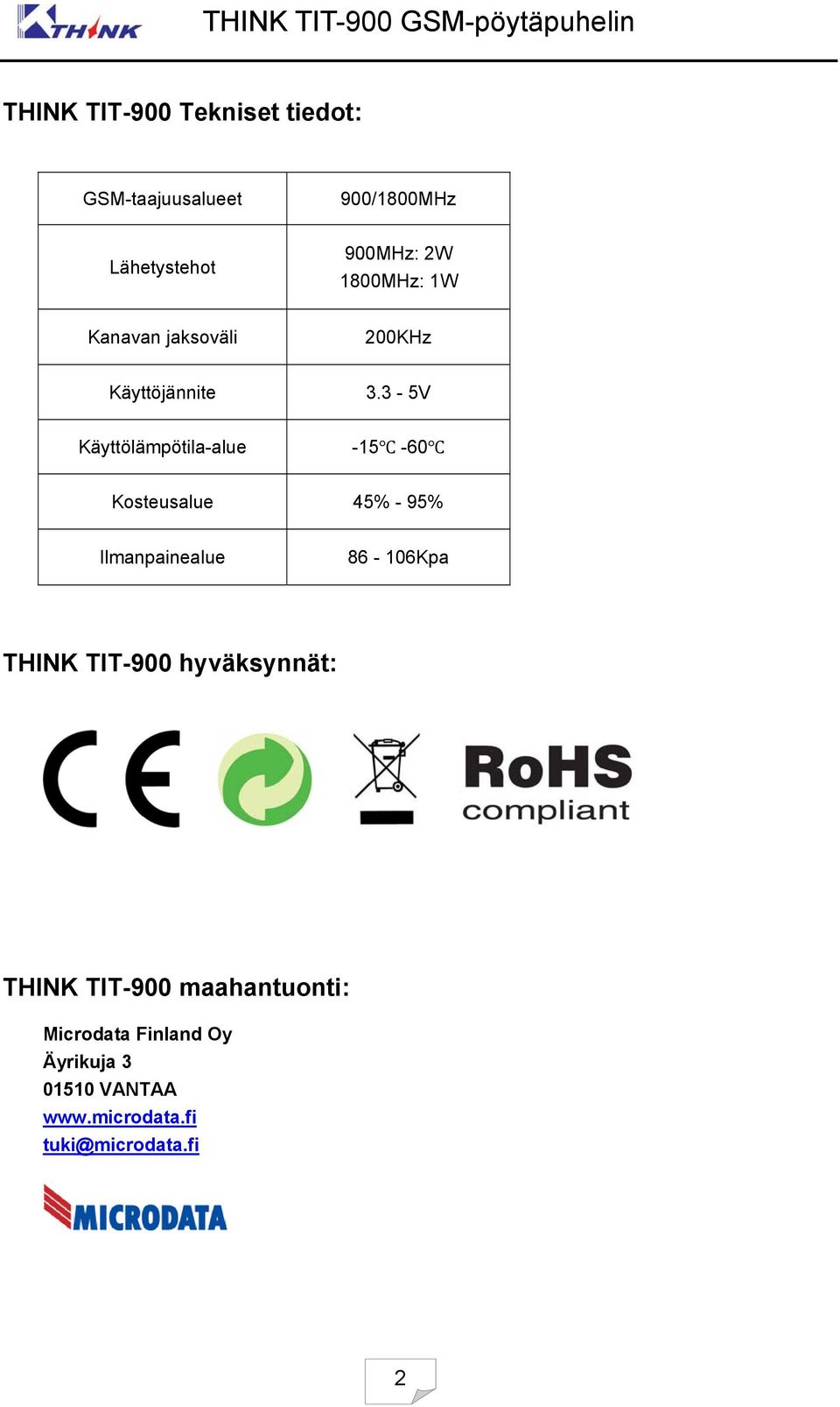 3-5V Käyttölämpötila-alue -15-60 Kosteusalue 45% - 95% Ilmanpainealue 86-106Kpa THINK