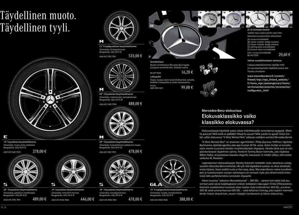 Rengaskoko: 265/45 R 20 A166 401 1600 7X36 488,00 A B C D E Venttiilinhatut Mustat venttiilinhatut Mercedes-Benz logolla. Suojaavat venttileitä lialta. Sisältää 4 kpl:ta.