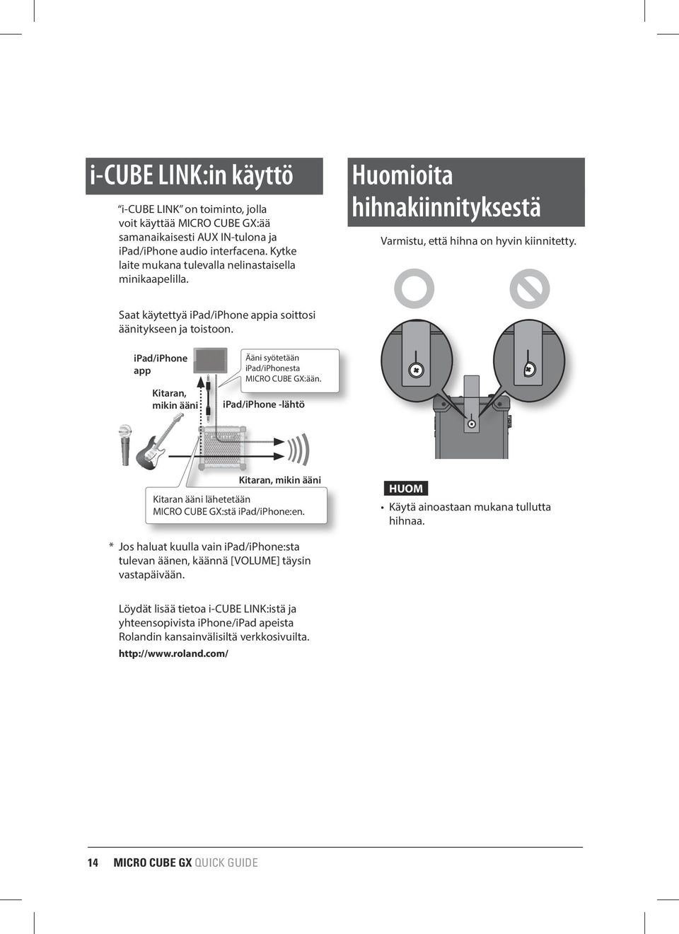 ipad/iphone app Kitaran, mikin ääni Ääni syötetään ipad/iphonesta MICRO CUBE GX:ään. ipad/iphone -lähtö Kitaran, mikin ääni Kitaran ääni lähetetään MICRO CUBE GX:stä ipad/iphone:en.