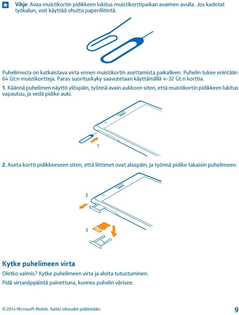 Paras suorituskyky saavutetaan käyttämällä 4 32 Gt:n korttia. 1.