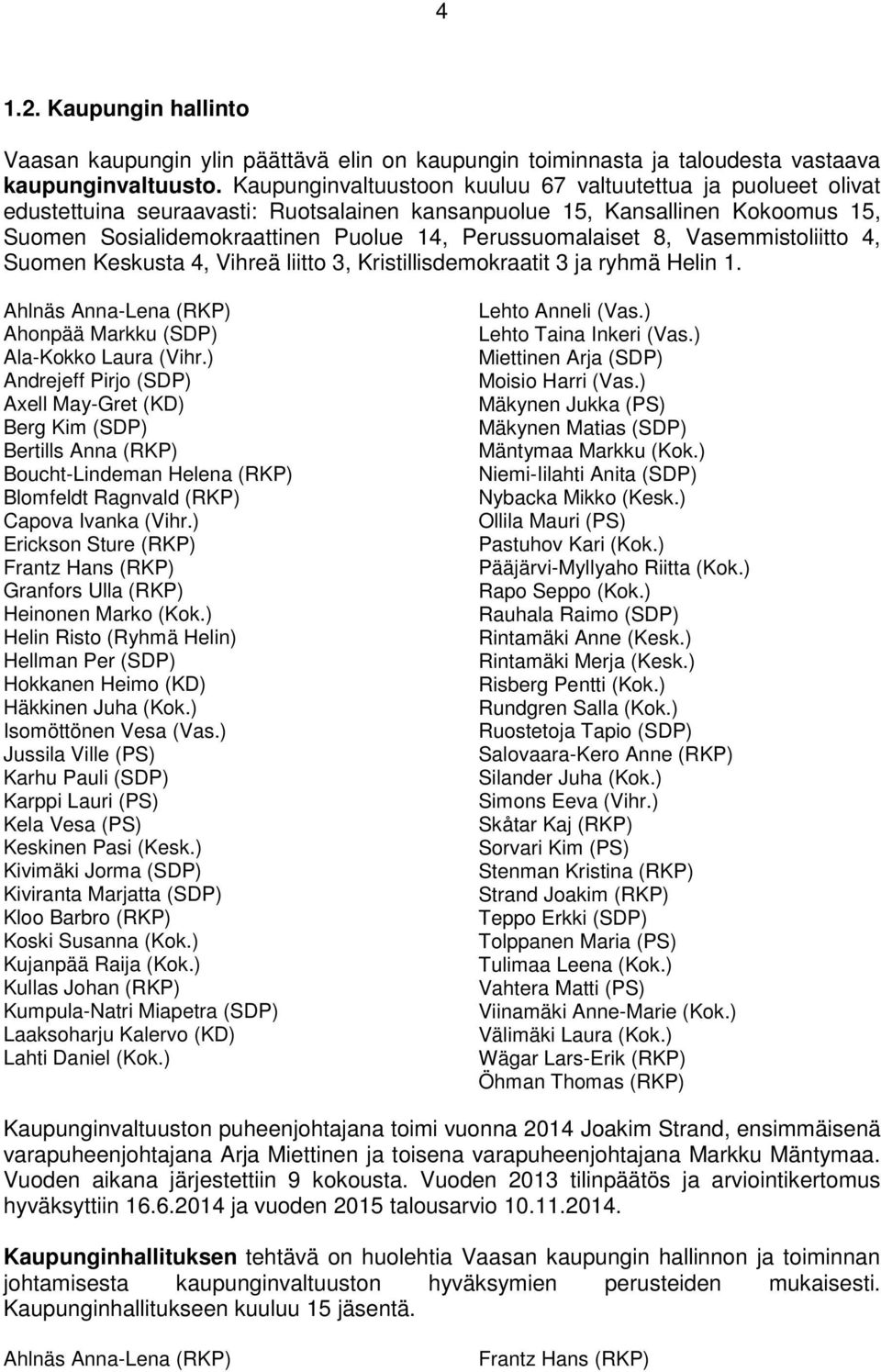 Perussuomalaiset 8, Vasemmistoliitto 4, Suomen Keskusta 4, Vihreä liitto 3, Kristillisdemokraatit 3 ja ryhmä Helin 1. Ahlnäs Anna-Lena (RKP) Ahonpää Markku (SDP) Ala-Kokko Laura (Vihr.