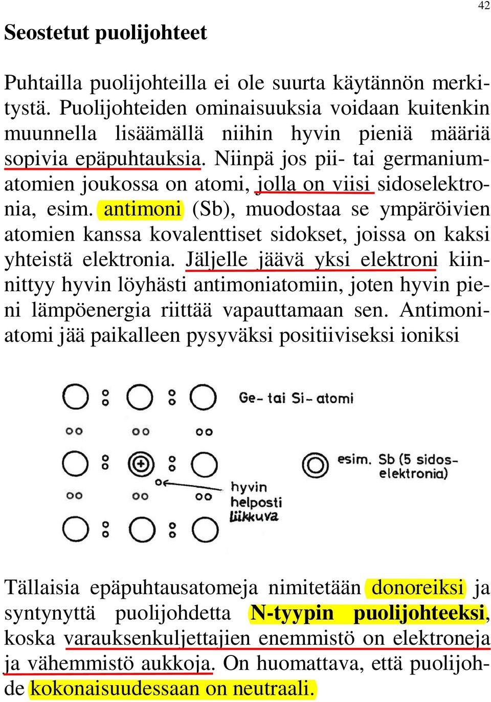 Niinpä jos pii- tai germaniumatomien joukossa on atomi, jolla on viisi sidoselektronia, esim.