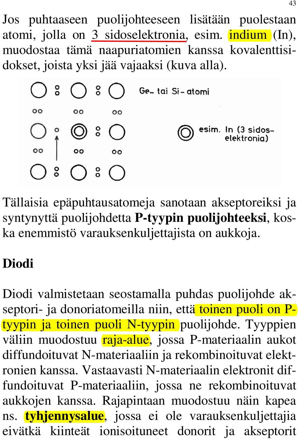 Diodi Diodi valmistetaan seostamalla puhdas puolijohde akseptori- ja donoriatomeilla niin, että toinen puoli on P- tyypin ja toinen puoli N-tyypin puolijohde.