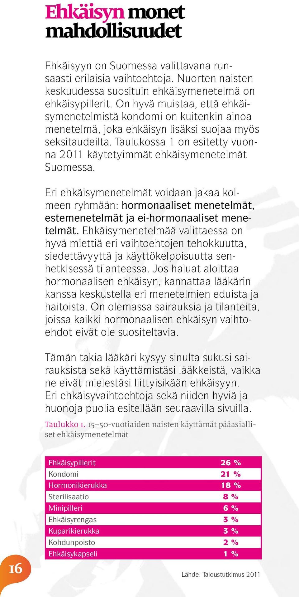 Taulukossa 1 on esitetty vuonna 2011 käytetyimmät ehkäisymenetelmät Suomessa.