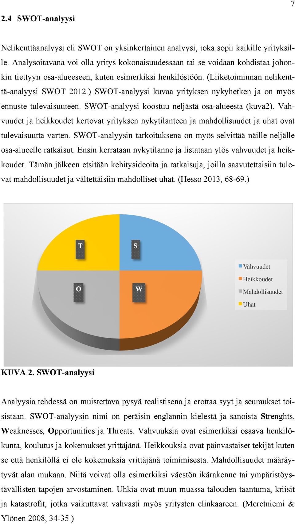 ) SWOT-analyysi kuvaa yrityksen nykyhetken ja on myös ennuste tulevaisuuteen. SWOT-analyysi koostuu neljästä osa-alueesta (kuva2).