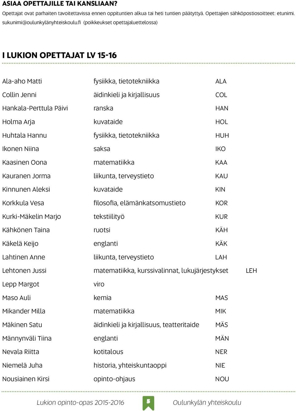 kuvataide HOL Huhtala Hannu fysiikka, tietotekniikka HUH Ikonen Niina saksa IKO Kaasinen Oona matematiikka KAA Kauranen Jorma liikunta, terveystieto KAU Kinnunen Aleksi kuvataide KIN Korkkula Vesa