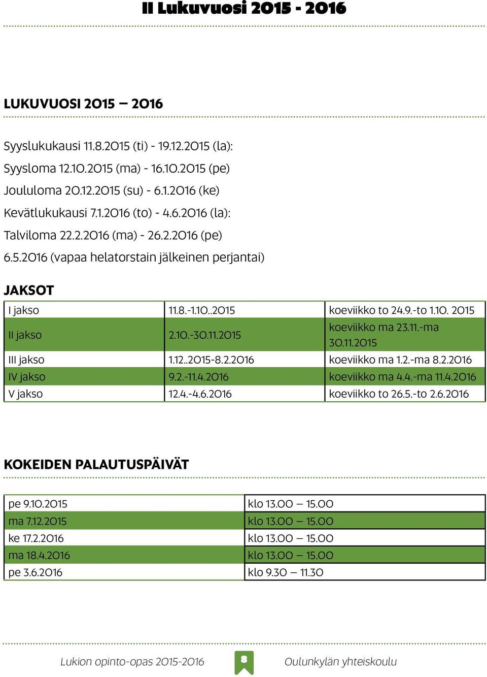 10.-30.11.2015 koeviikko ma 23.11.-ma 30.11.2015 III jakso 1.12..2015-8.2.2016 koeviikko ma 1.2.-ma 8.2.2016 IV jakso 9.2.-11.4.2016 koeviikko ma 4.4.-ma 11.4.2016 V jakso 12.4.-4.6.2016 koeviikko to 26.