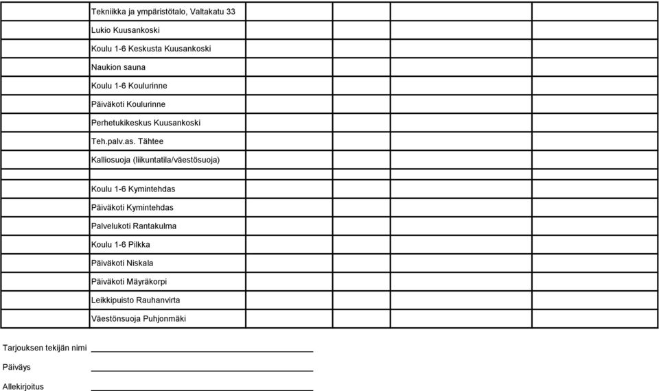 Tähtee Kalliosuoja (liikuntatila/väestösuoja) Koulu 1-6 Kymintehdas Päiväkoti Kymintehdas Palvelukoti Rantakulma