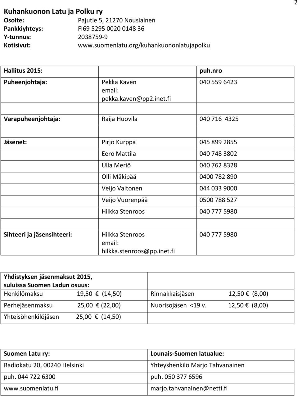 nro 040 559 6423 Varapuheenjohtaja: Raija Huovila 040 716 4325 Jäsenet: Pirjo Kurppa 045 899 2855 Eero Mattila 040 748 3802 Ulla Meriö 040 762 8328 Olli Mäkipää 0400 782 890 Veijo Valtonen 044 033