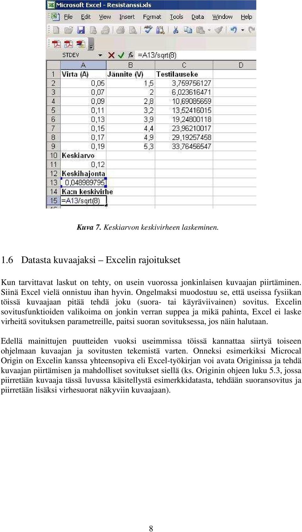 Excelin sovitusfunktioiden valikoima on jonkin verran suppea ja mikä pahinta, Excel ei laske virheitä sovituksen parametreille, paitsi suoran sovituksessa, jos näin halutaan.