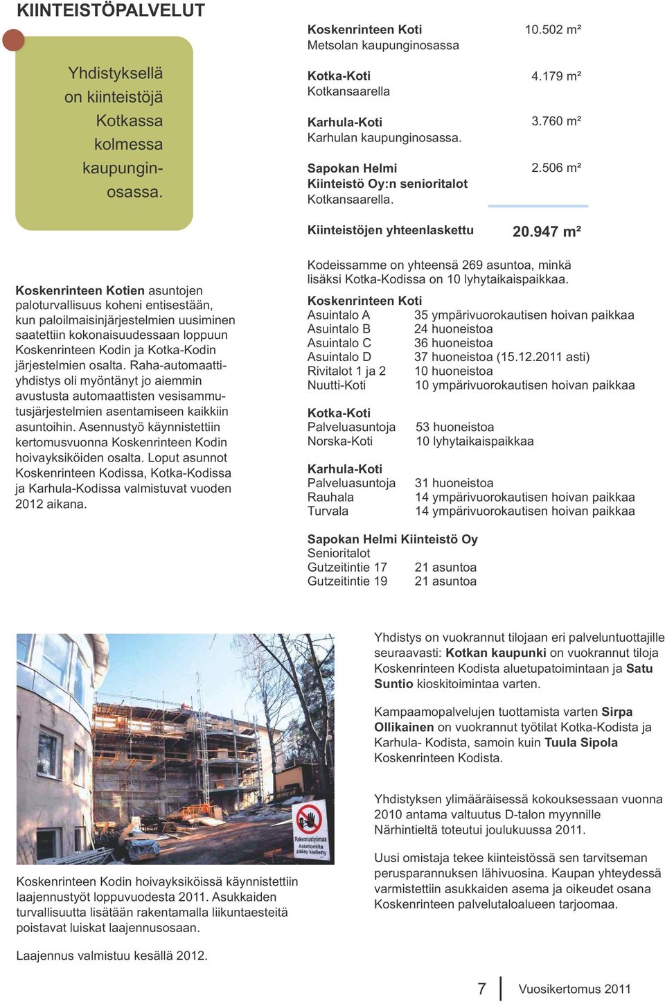 947 m² Koskenrinteen Kotien asuntojen paloturvallisuus koheni entisestään, kun paloilmaisinjärjestelmien uusiminen saatettiin kokonaisuudessaan loppuun Koskenrinteen Kodin ja Kotka-Kodin