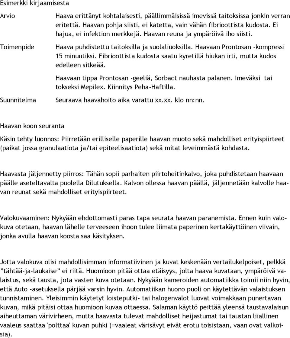 Fibrioottista kudosta saatu kyretillä hiukan irti, mutta kudos edelleen sitkeää. Haavaan tippa Prontosan -geeliä, Sorbact nauhasta palanen. Imeväksi tai tokseksi Mepilex. Kiinnitys Peha-Haftilla.