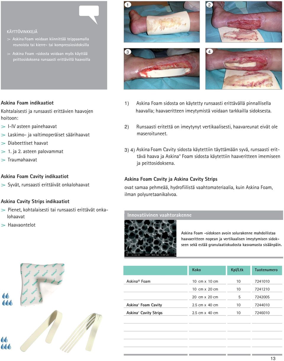 asteen palovammat > Traumahaavat Askina Foam Cavity indikaatiot > Syvät, runsaasti erittäivät onkalohaavat Askina Cavity Strips indikaatiot > Pienet, kohtalaisesti tai runsaasti erittävät