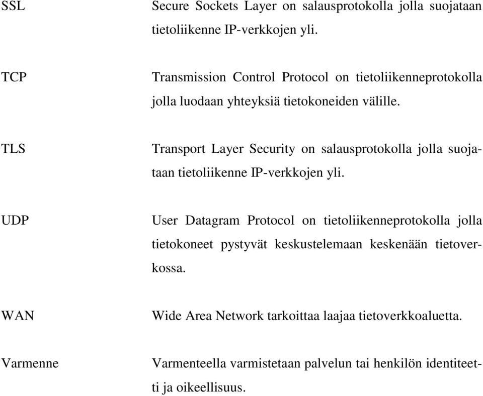 TLS Transport Layer Security on salausprotokolla jolla suojataan tietoliikenne IP-verkkojen yli.
