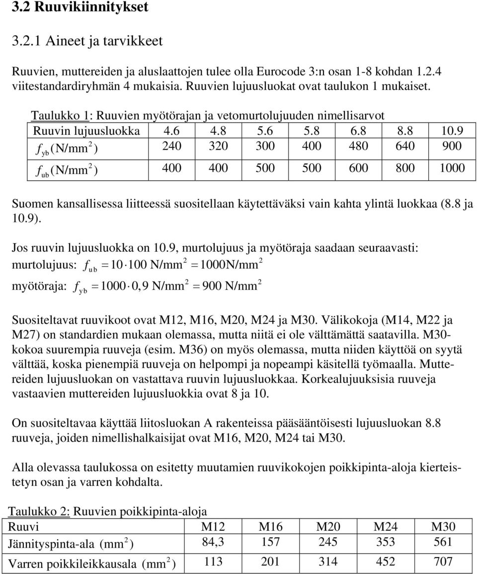 9 f (N/mm 2 yb 240 320 300 400 480 640 900 f (N/mm 2 ) 400 400 500 500 600 800 1000 ub Suomen kansallisessa liitteessä suositellaan käytettäväksi vain kahta ylintä luokkaa (8.8 ja 10.9).