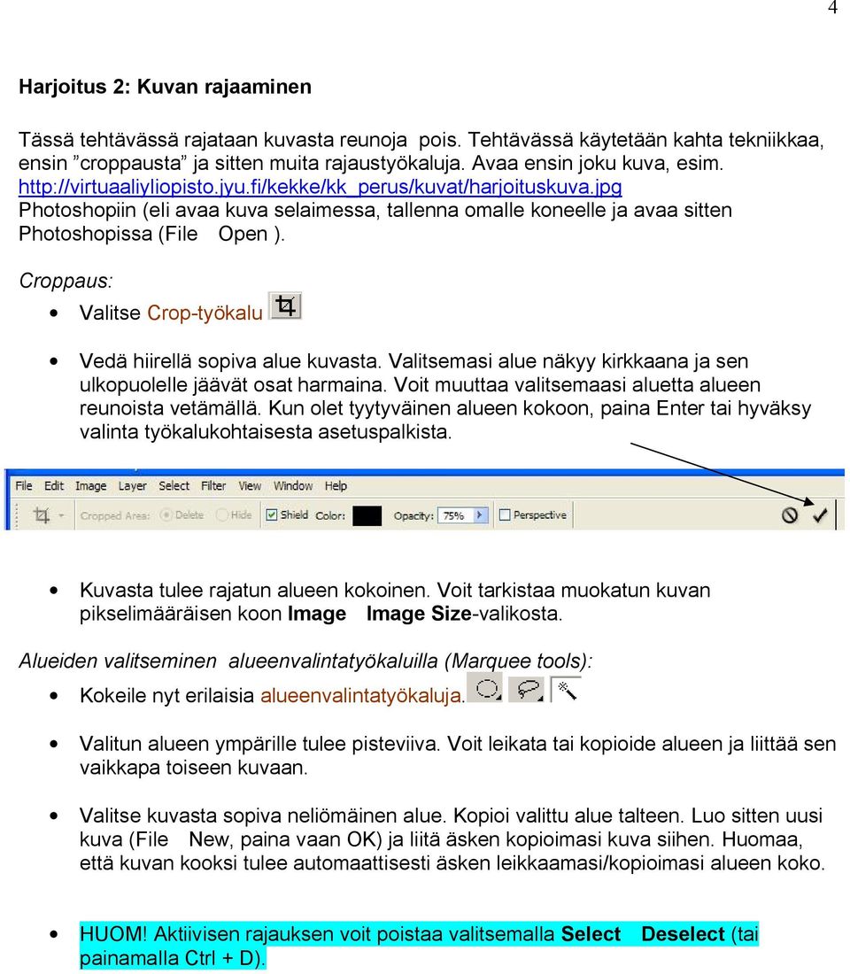 Croppaus: Valitse Crop työkalu Vedä hiirellä sopiva alue kuvasta. Valitsemasi alue näkyy kirkkaana ja sen ulkopuolelle jäävät osat harmaina.