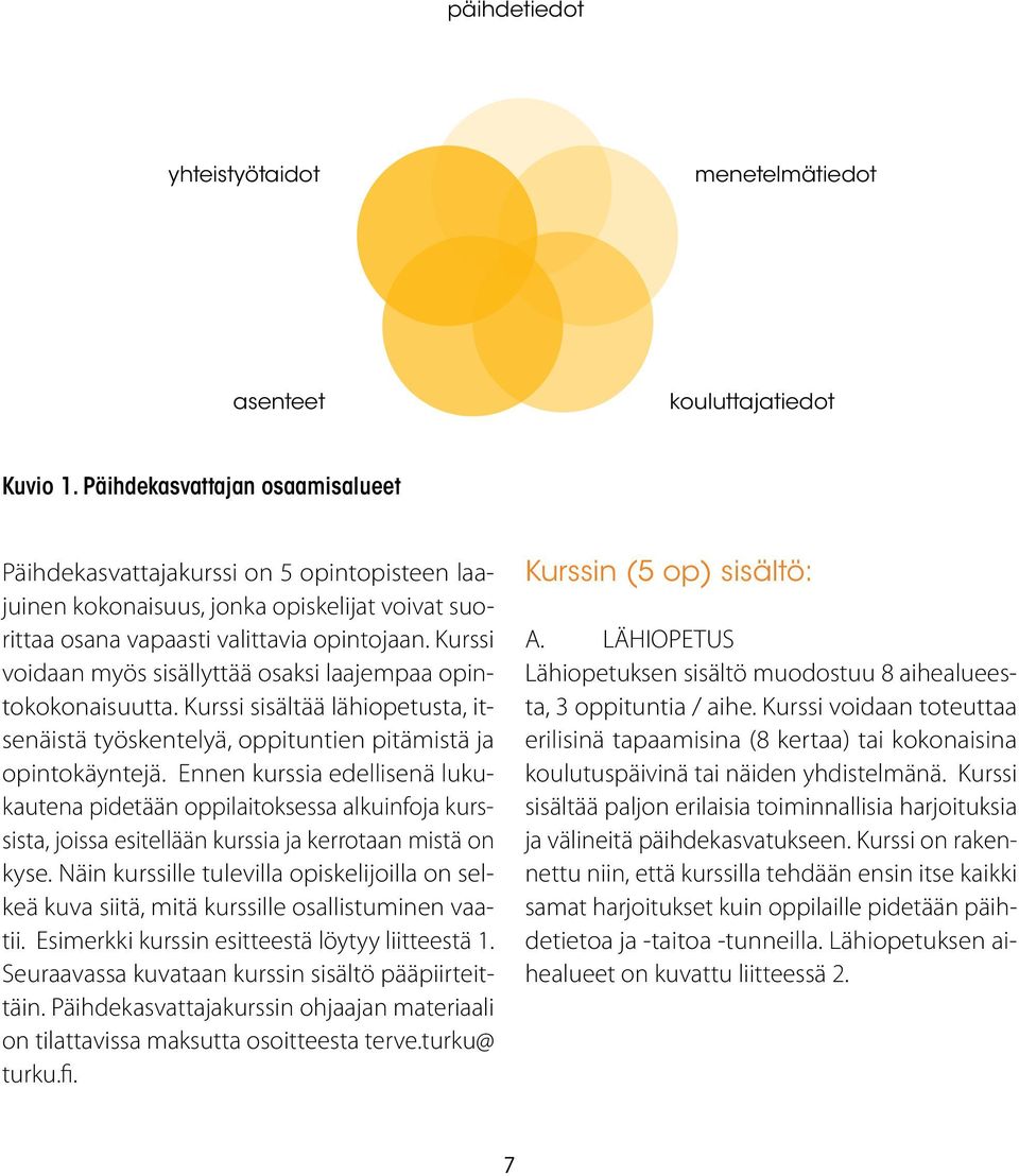 Kurssi voidaan myös sisällyttää osaksi laajempaa opintokokonaisuutta. Kurssi sisältää lähiopetusta, itsenäistä työskentelyä, oppituntien pitämistä ja opintokäyntejä.