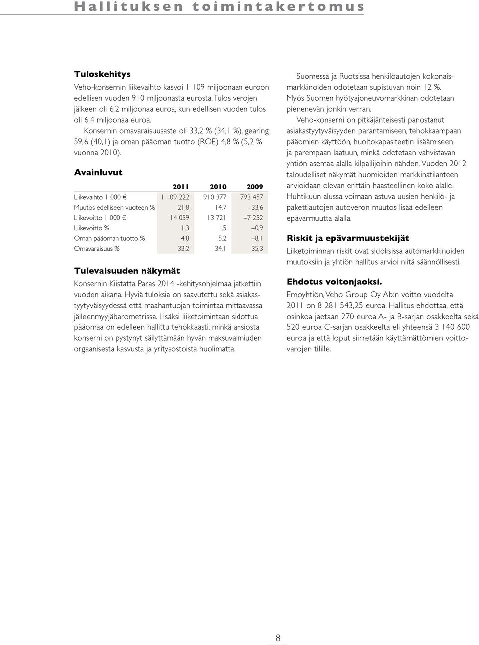 Konsernin omavaraisuusaste oli 33,2 % (34,1 %), gearing 59,6 (40,1) ja oman pääoman tuotto (ROE) 4,8 % (5,2 % vuonna 2010).