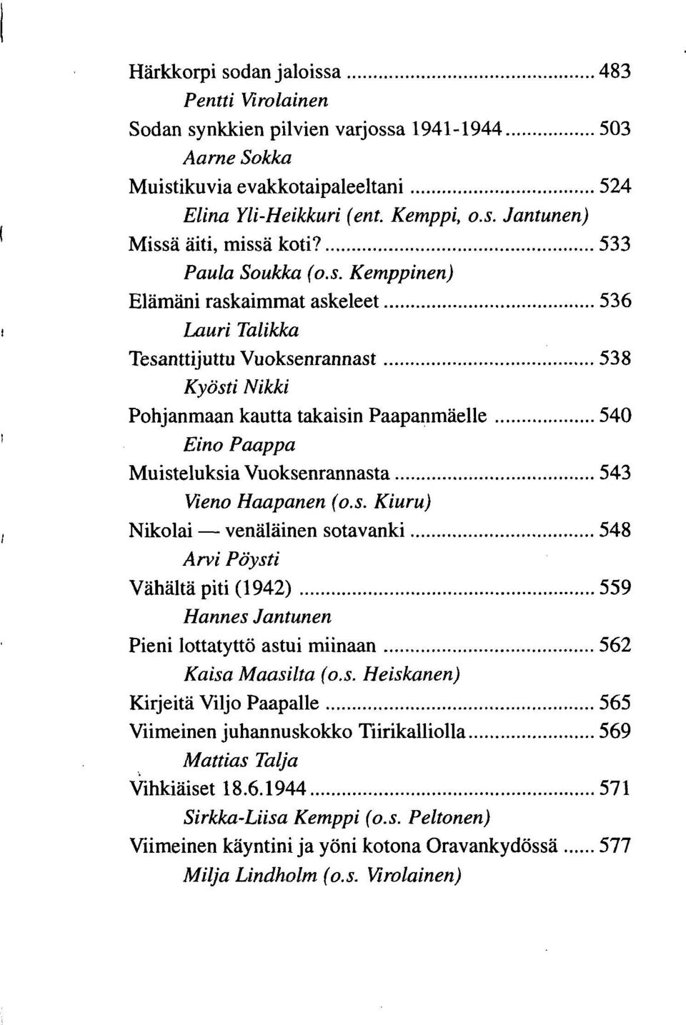 Kemppinen) Elämäni raskaimmat askeleet 536 Lauri Talikka Tesanttijuttu Vuoksenrannast 538 Kyösti Nikki Pohjanmaan kautta takaisin Paapanmäelle 540 Eino Paappa Muisteluksia Vuoksenrannasta 543 Vieno