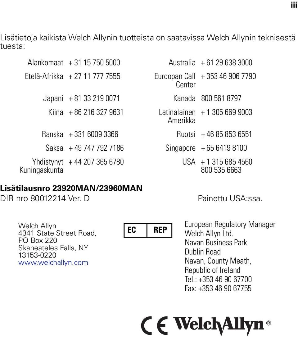 7186 Singapore + 65 6419 8100 Yhdistynyt Kuningaskunta + 44 207 365 6780 USA + 1 315 685 4560 800 535 6663 Lisätilausnro 23920MAN/23960MAN DIR nro 80012214 Ver. D Painettu USA:ssa.