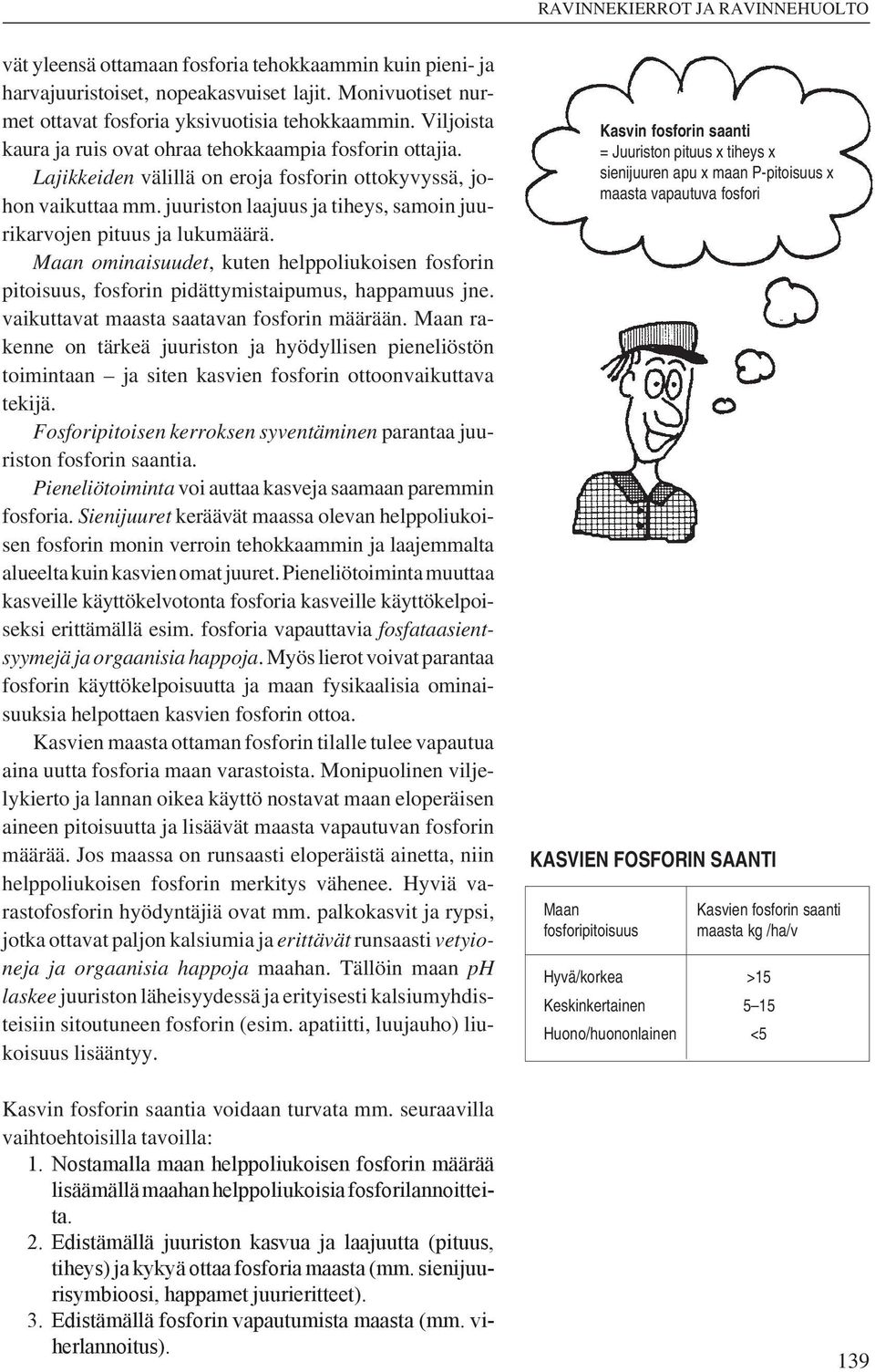 juuriston laajuus ja tiheys, samoin juurikarvojen pituus ja lukumäärä. Maan ominaisuudet, kuten helppoliukoisen fosforin pitoisuus, fosforin pidättymistaipumus, happamuus jne.